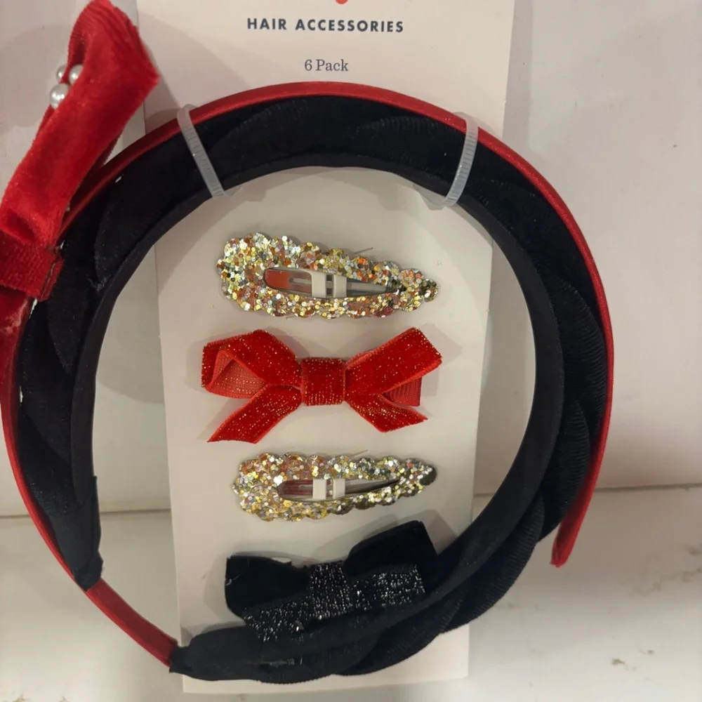 Cat & Jack Hair Accessories 6 pack 2 headbands, 4 bows Holiday Christmas